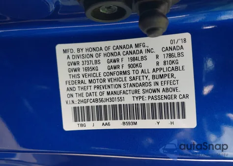 2018 Honda Civic Lx z USA, uszkodzony, nr VIN 2HGFC4B56JH301551